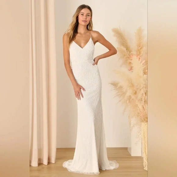 Lulu's Bridal Cherished Vow White Beaded Backless Mermaid Maxi Dress Bride Party - Picture 2 of 12